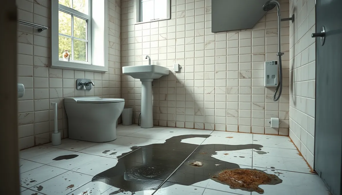 Salle de bain avec carrelage endommagé et traces d'humidité, un cas où le béton ciré n'est pas recommandé