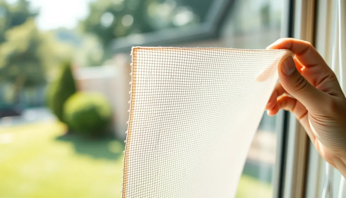 Gros plan sur une toile screen technique installée sur une fenêtre de véranda