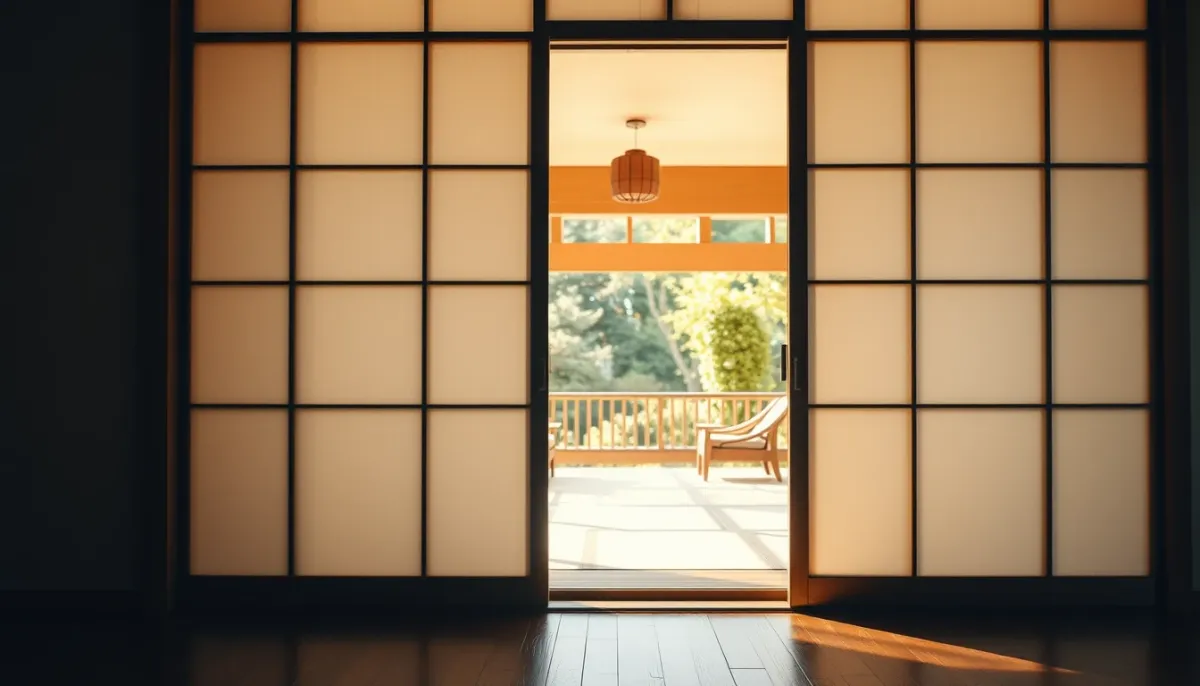 Panneau japonais doublé installé dans une véranda, avec vue sur l'extérieur