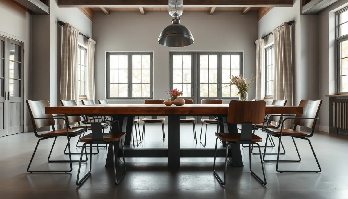 Salle à manger industrielle lumineuse avec table en bois massif et piètement métal, chaises métal et suspension, grande hauteur sous plafond