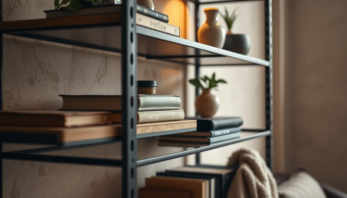 Étagère murale en bois et métal avec accessoires vintage, livres et plante, détail de décoration industrielle chaleureuse