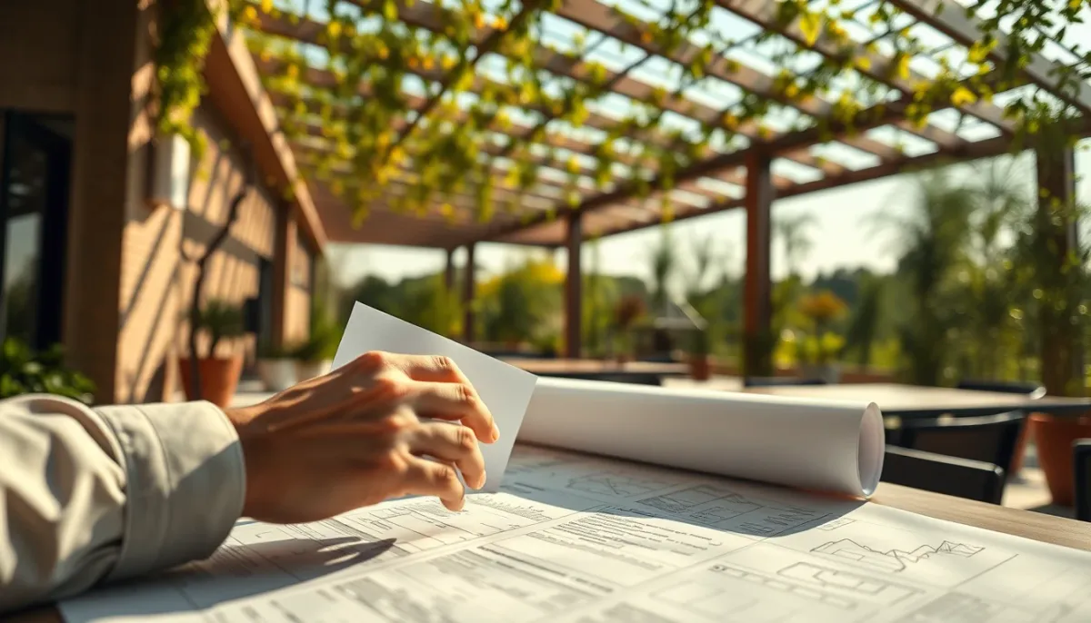 Personne consultant des devis et des plans pour l'installation d'une pergola bioclimatique