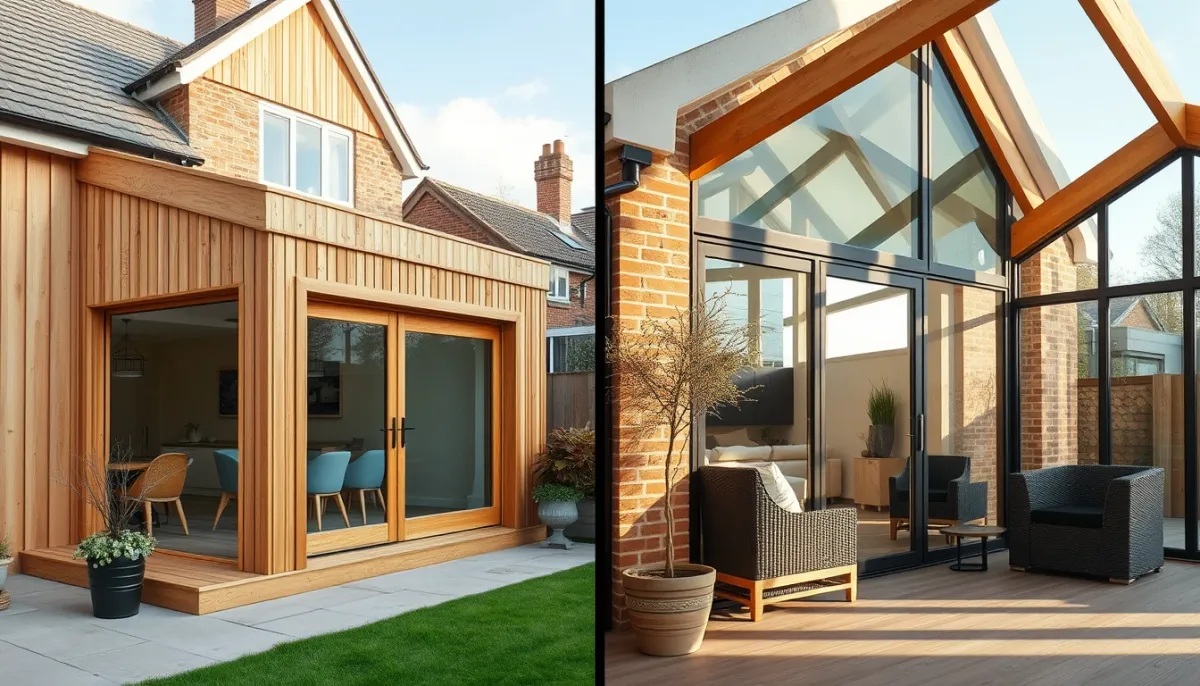 Comparaison entre une extension en ossature bois et une véranda, côte à côte dans un jardin