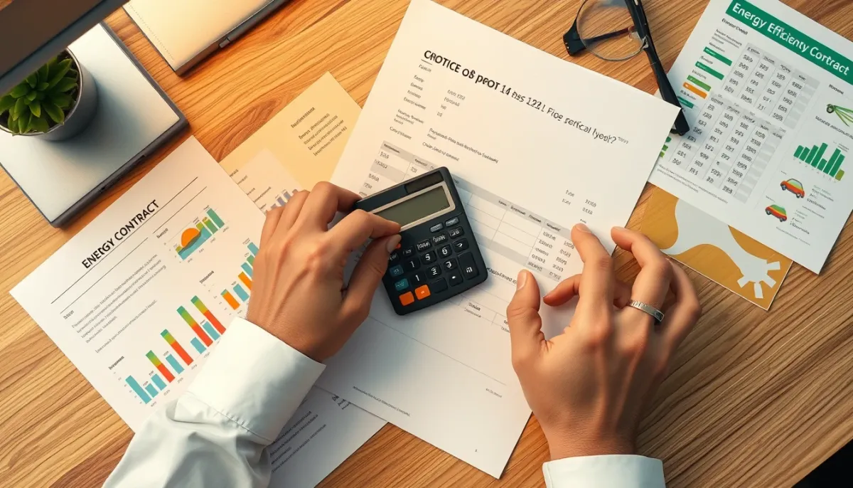 Personne consultant un devis détaillé avec une calculatrice et des brochures sur les aides à la rénovation