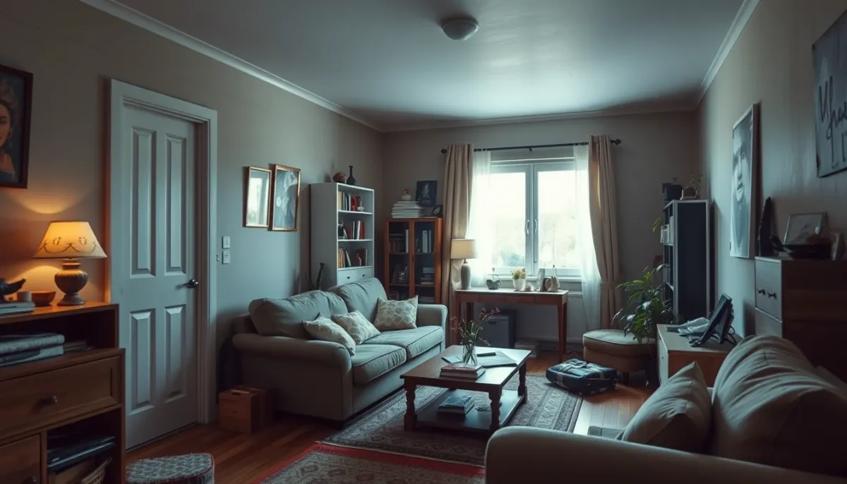 Intérieur d'une petite maison avec un salon encombré, illustrant le manque d'espace