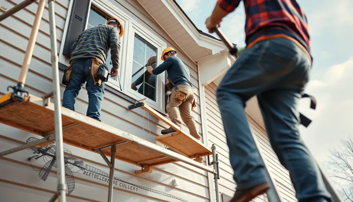Pose de bardage composite sur une façade avec échafaudage