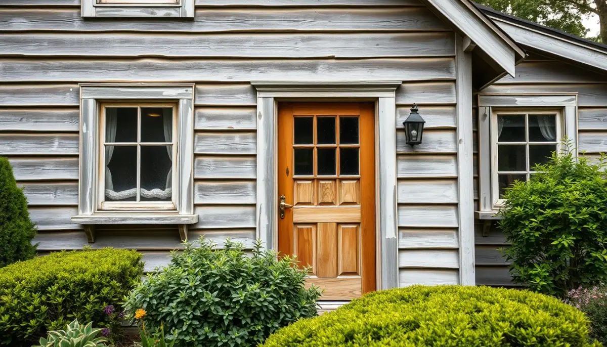 Façade en bois massif vieillissant, nécessitant un entretien régulier