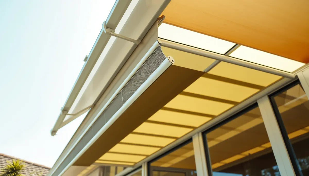 Protections solaires extérieures : brise-soleil orientables et stores sur une véranda