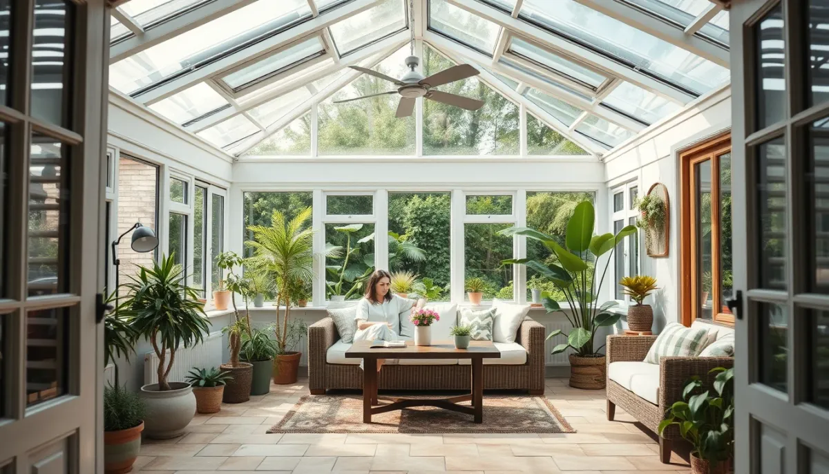 Intérieur frais et confortable d'une véranda bioclimatique en été avec ouvrants de toit ouverts