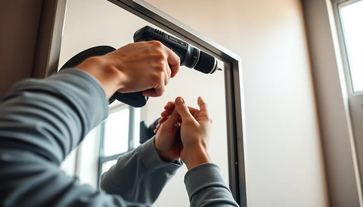 Personne installant un miroir verrière avec cadre en acier sur un mur