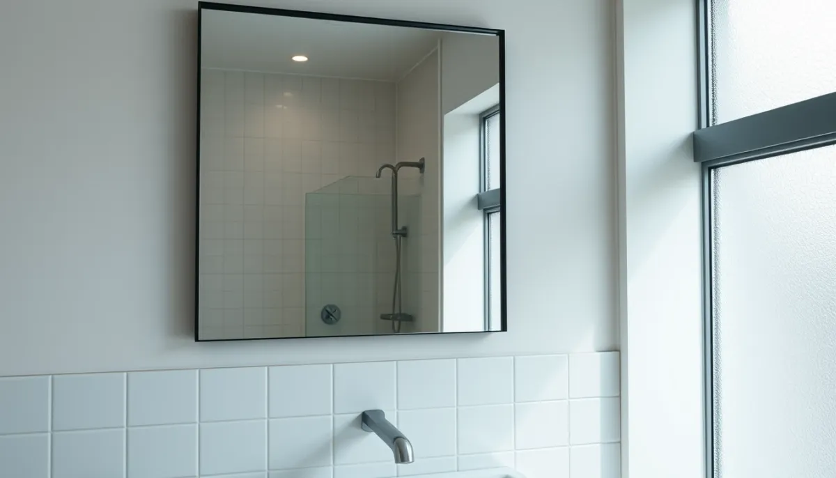 Miroir verrière dans une salle de bain moderne avec cadre en métal noir