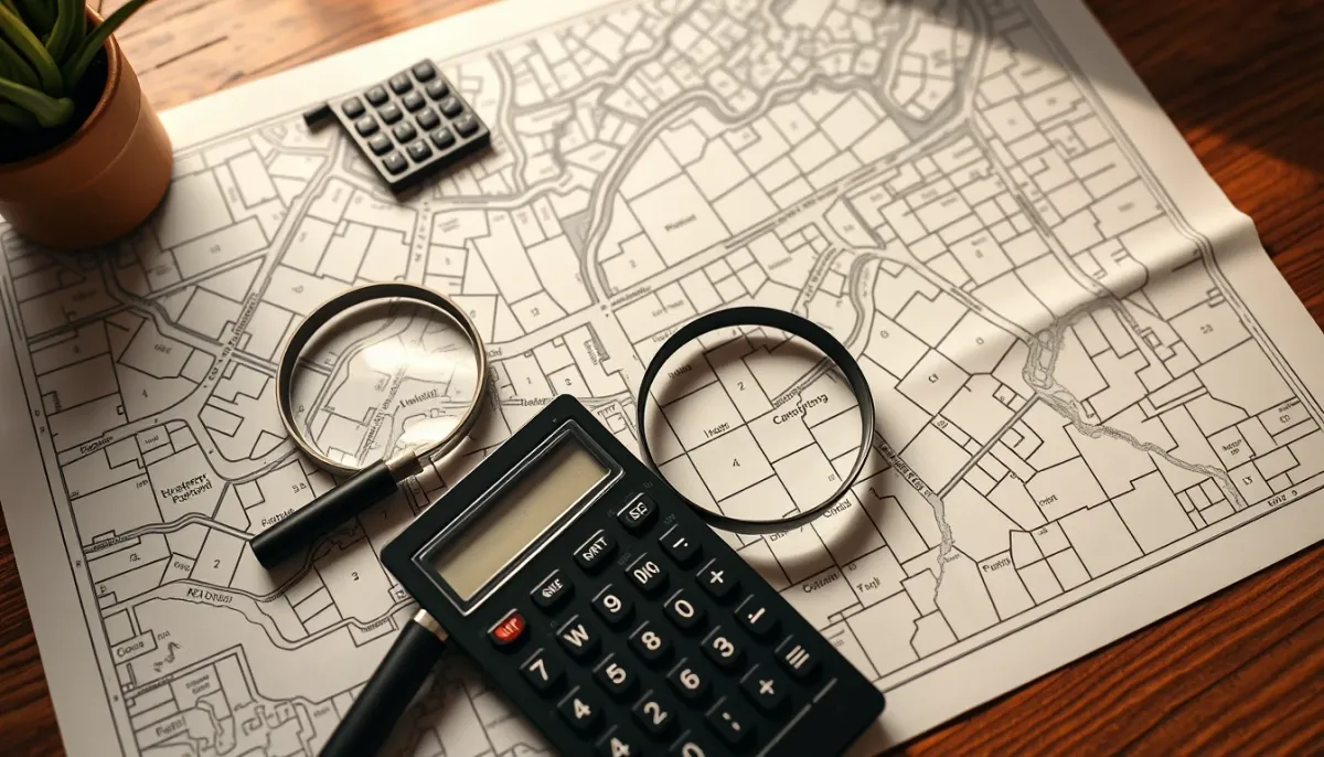 Vue de dessus d'un plan cadastral avec une loupe et une calculatrice sur un bureau en bois, évoquant l'analyse du prix d'un terrain