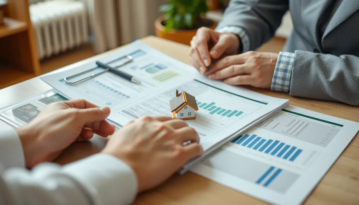 Mains feuilletant des documents administratifs sur les aides au logement, avec une maquette de maison et un stylo sur une table