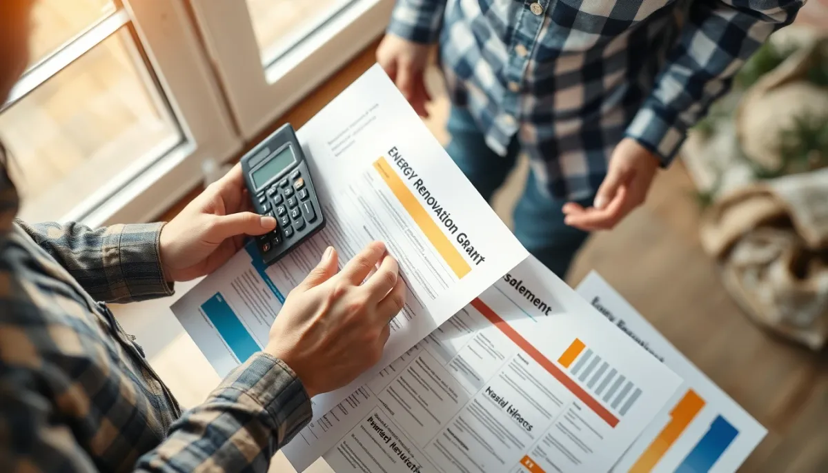 Propriétaire consultant des documents d'aides financières pour une véranda en kit