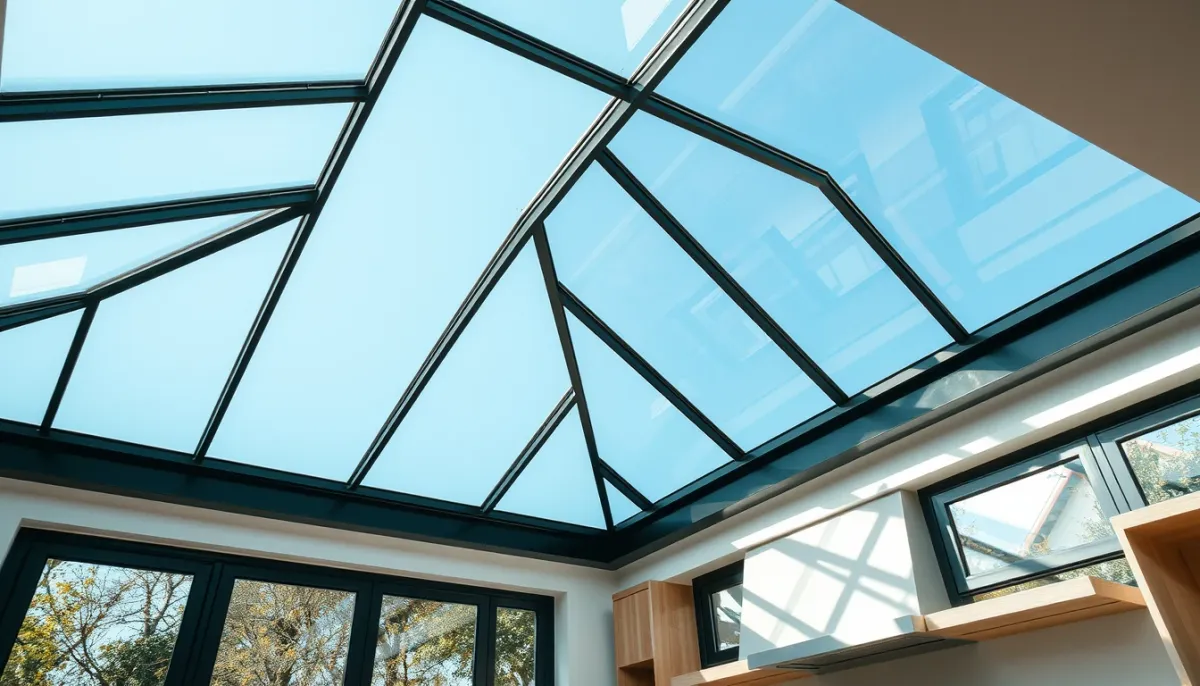 Verrière de toit sur mesure au-dessus d'une cuisine, vue en contre-plongée avec lumière naturelle