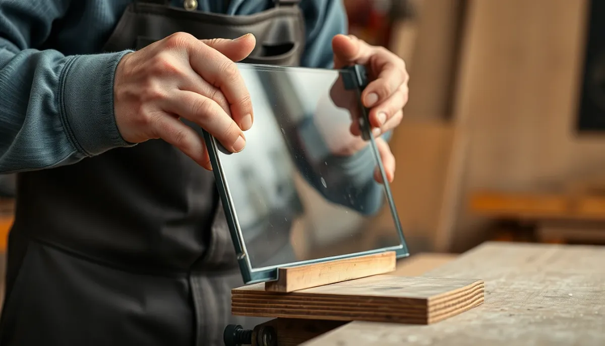 Pose d'une verrière sur mesure par un artisan, gros plan sur l'installation du vitrage
